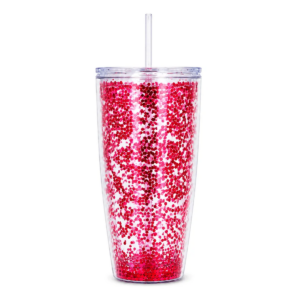 Vaso Transparente Con Diamantina Y Popote 700 Ml (Rosa Oscuro)