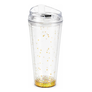 Vaso Acrílico Transparente Con Diamantina Y Tapa 650 Ml (Dorado)