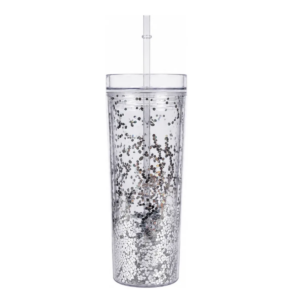 Vaso Acrílico Transparente Con Diamantina Tapa Y Popote (Plata)