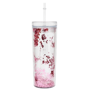 Vaso Acrílico Transparente Con Diamantina Tapa Y Popote (Rosa)